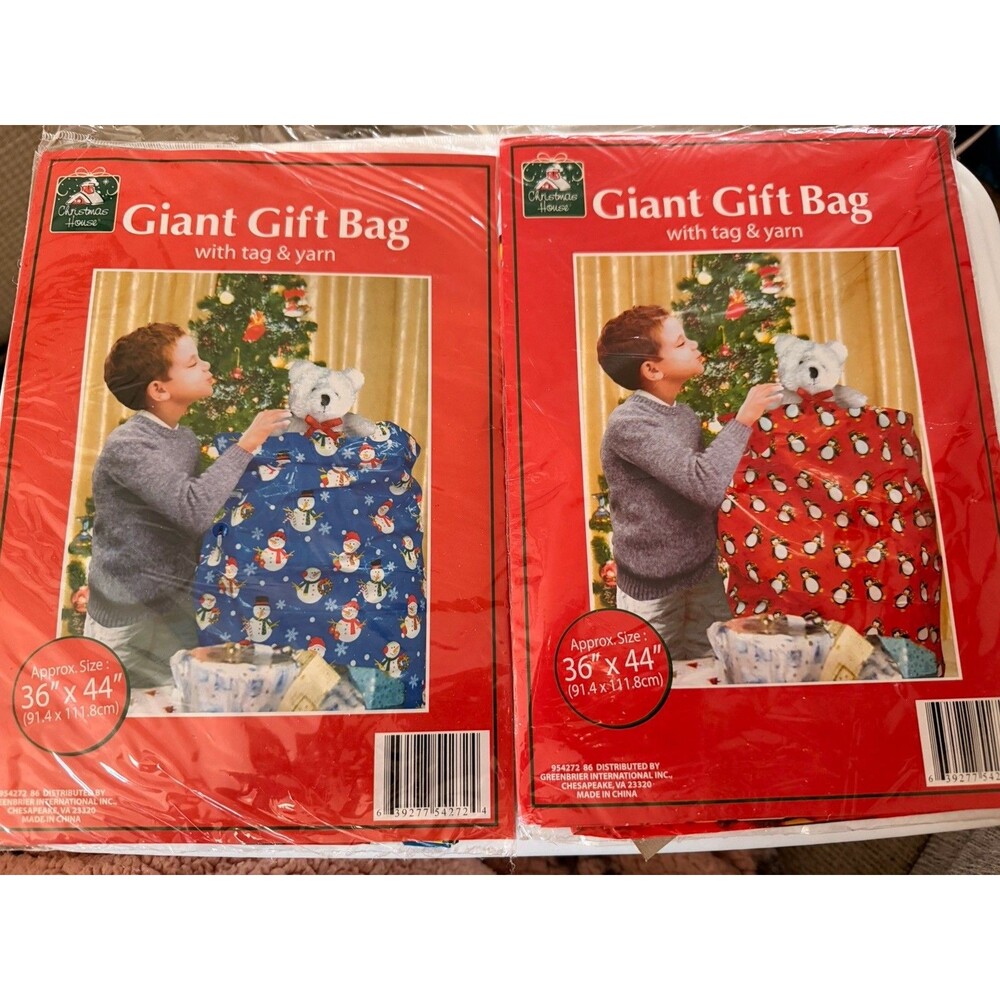 Lot Of 2 Vintage Giant Gift Bags 36x44 Snowmen & Penguins Red & Blue 90s New